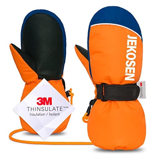 JEKOSEN Kids Snow Gloves Waterproof 3M Thinsulate Warm Winter Glove with Anti-Lost Lanyard for Boys Girls Snowboard Snow Cold Weather Child Gloves Orange Medium