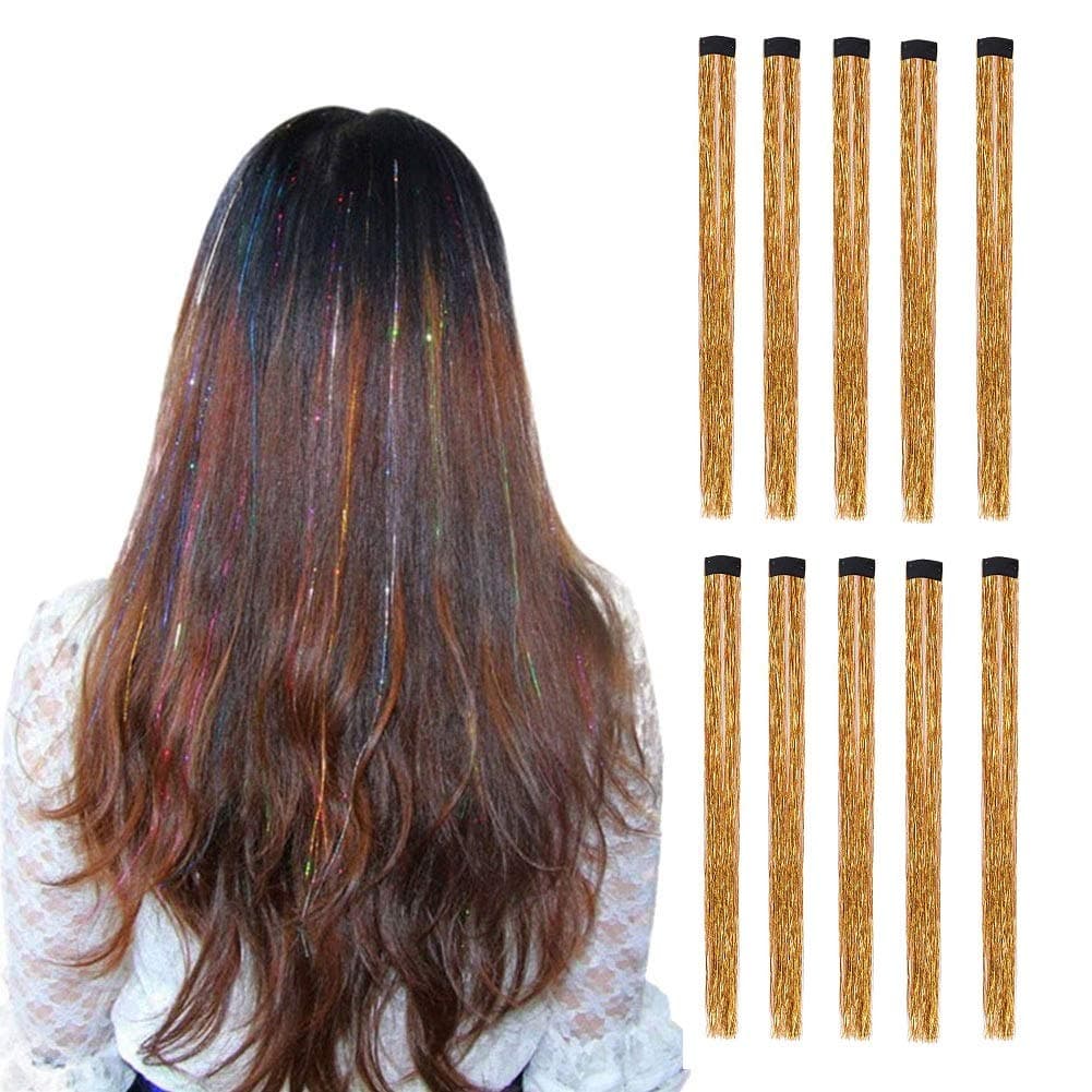 10Pcsset Highlight Glitter Tinsel Hair Extensions Clip In Colored Party Sparkling Shiny Hair Extensions MultiColors Hair Streak Bling Hairpieces Champaign Gold