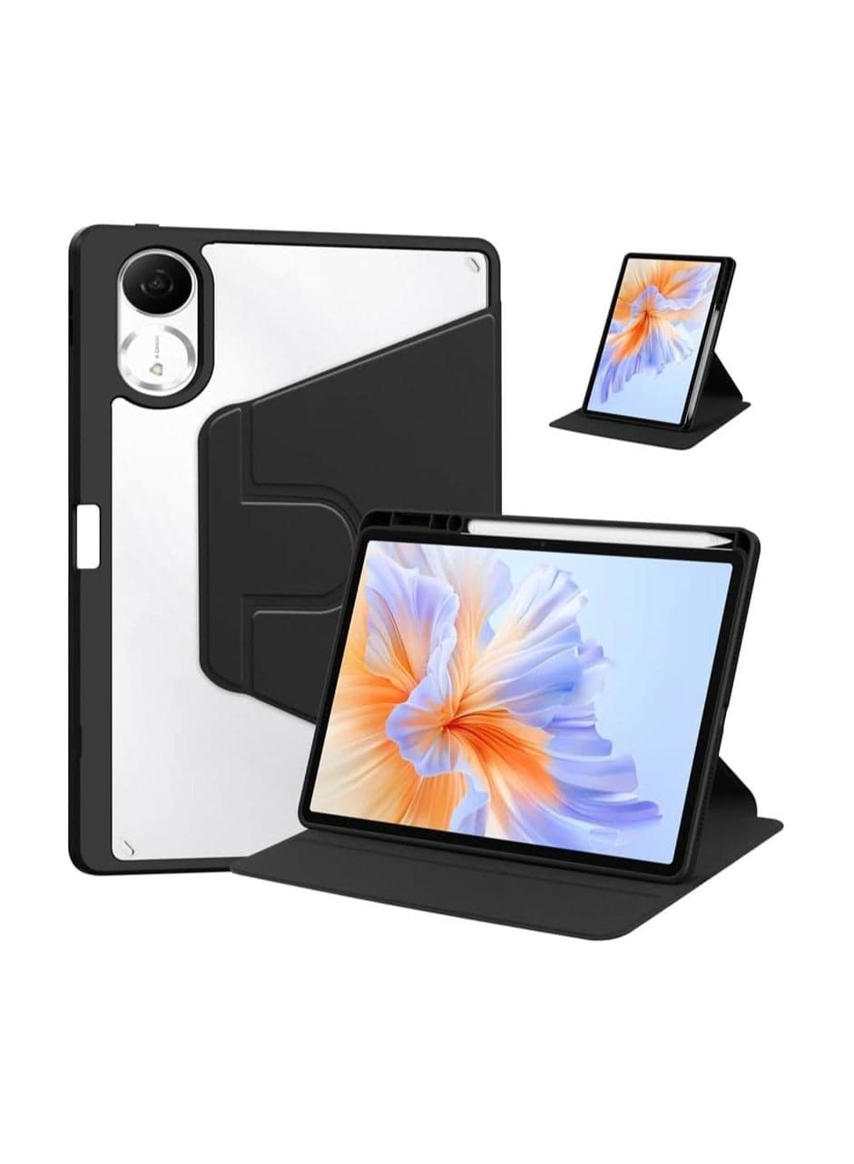 Case for Xiaomi Redmi Pad 2 11-inch 2025 Smart Tablet Leather Case with Auto Wake/Sleep, 360° Rotating Stand Cover Acrylic Clear Back Cover with Pencil Holder (Black)