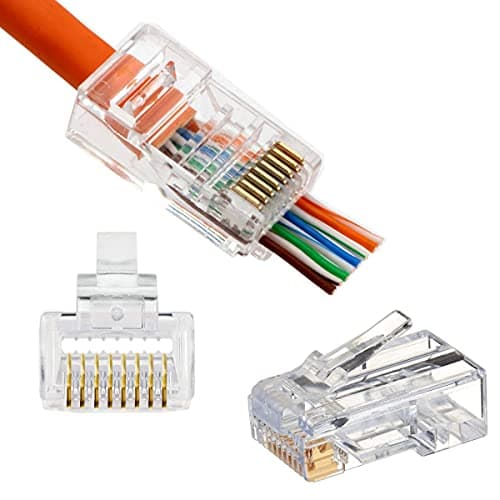 (Cat5 100pcs pack) RJ45 Cat6 Pass-Through Connector RJ45 Ends, Cat5, Cat5e 8P8C RJ45 Connector, Ethernet Cable Crimp Connectors UTP Network Plug Solid Wire and Standard Cable, LAN Crimp