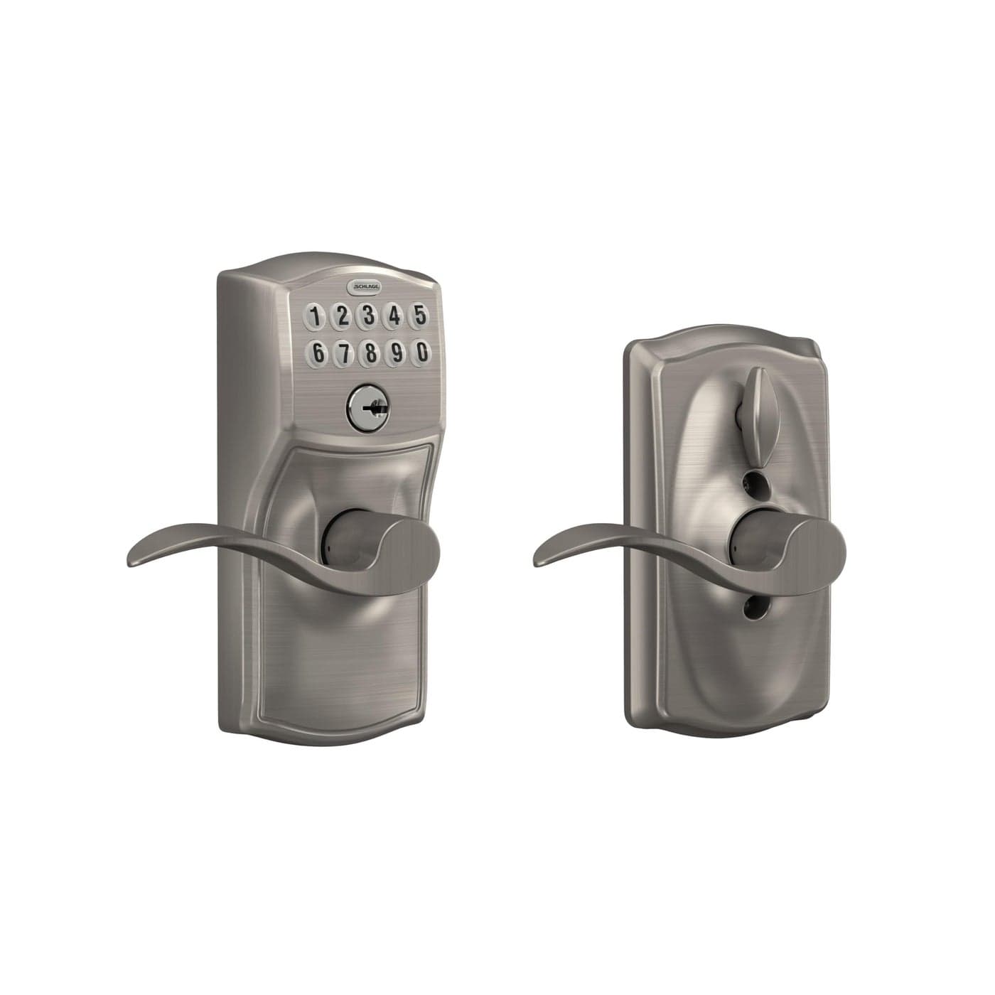 SCHLAGE FE595 CAM 619 ACC Camelot Keypad Entry with FlexLock and Accent Levers Satin Nickel