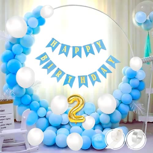 Flyloons 2nd Blue White Happy Birthday Decoration for Girls Kids Boys with Blue Happy Birthday banner, White,Blue Pastel Balloons, Glue dots,Arch Tape for Balloons birthday decoration items for room…