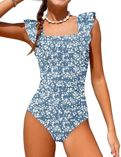 NECIOUS Girls One Piece Swimsuits Size 10-12 Girls Bathing Suits Size 10-12 Square Neck Blue Floral Swimwear Teen Girl Swimsuit