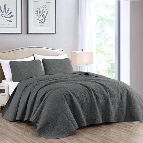 Chezmoi Collection Austin 3-Piece Oversized Bedspread Coverlet Set (Queen, Charcoal)