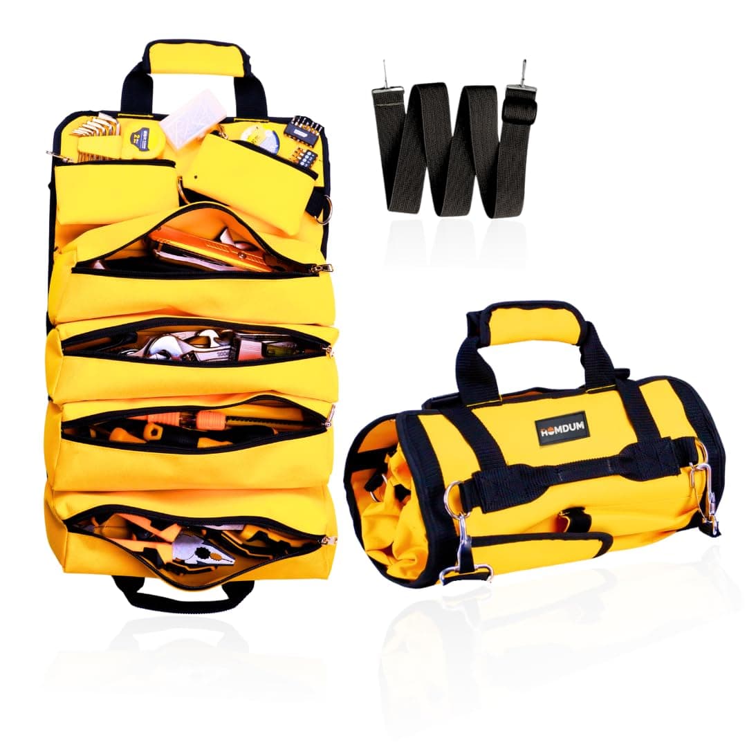 Homdum Tool Bag Tools Storage Bag Portable Roll UpHeavy Duty Tool Organizer with 4 Zipper Pocket 2 Detachable Tool Pouch waterproof for Electrician Plumber Technician Nylon MatrialYellowBlack