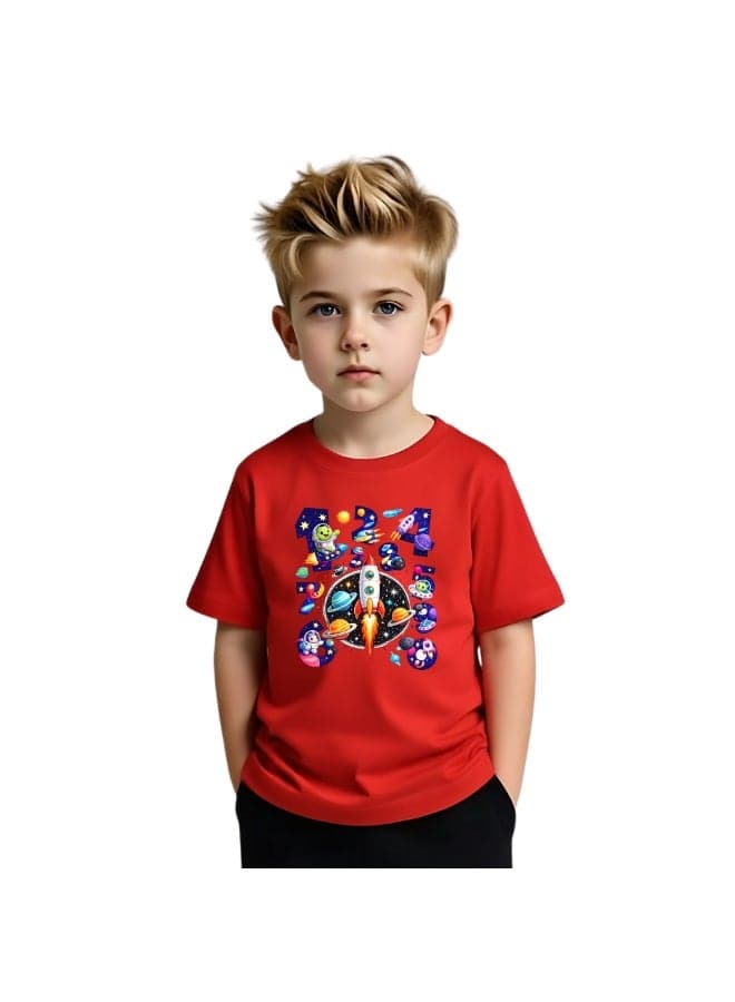 Kids Boys Space Theme T-Shirt | Rocket & Planets Print Short Sleeve Tee | Fun Learning & Math Day Friendly Outfit — 4 Years