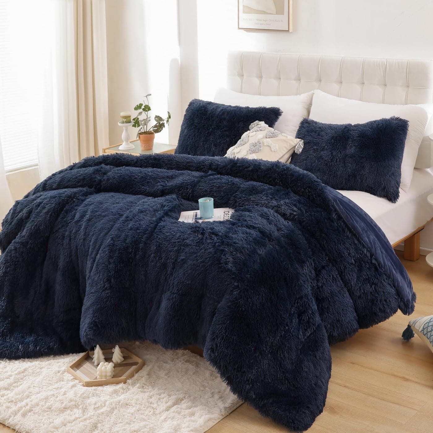 Smoofy Fluffy Queen Comforter Set Faux Fur Comforter Set Queen Size Luxury Fuzzy Bedding Set Soft Shaggy Bed Set for All Season 3 Pieces 1 Comforter 2 Pillowcases Navy
