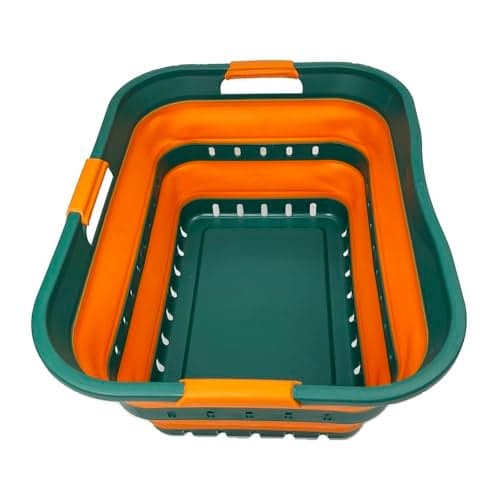 SAMMART 42L (11 gallon) Collapsible Plastic Laundry Basket - Foldable Pop Up Storage Container/Organizer - Space Saving Hamper/Basket (1, Teal Green/Autumn leaf)