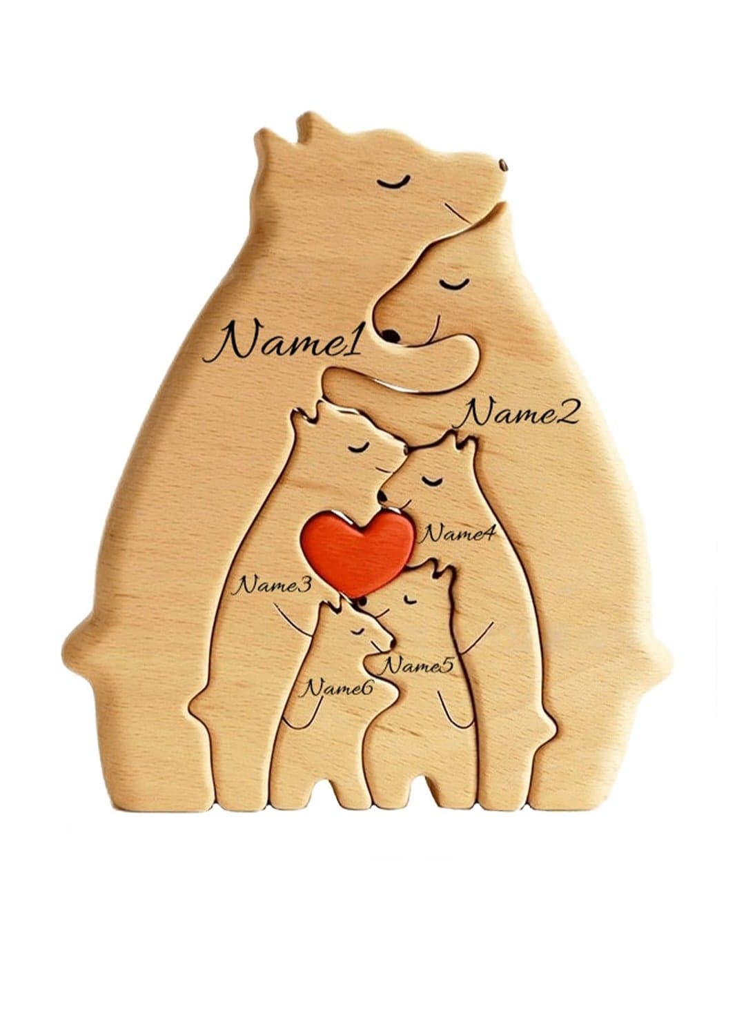 Personalized Bear Family Wooden Art Jigsaw Puzzle, Wooden Bear Jigsaw Puzzle with Loving Family Bear Sculpture Decorative House Heartwarming Wooden Birthday Gift for Adults Kids (6 Family Members)
