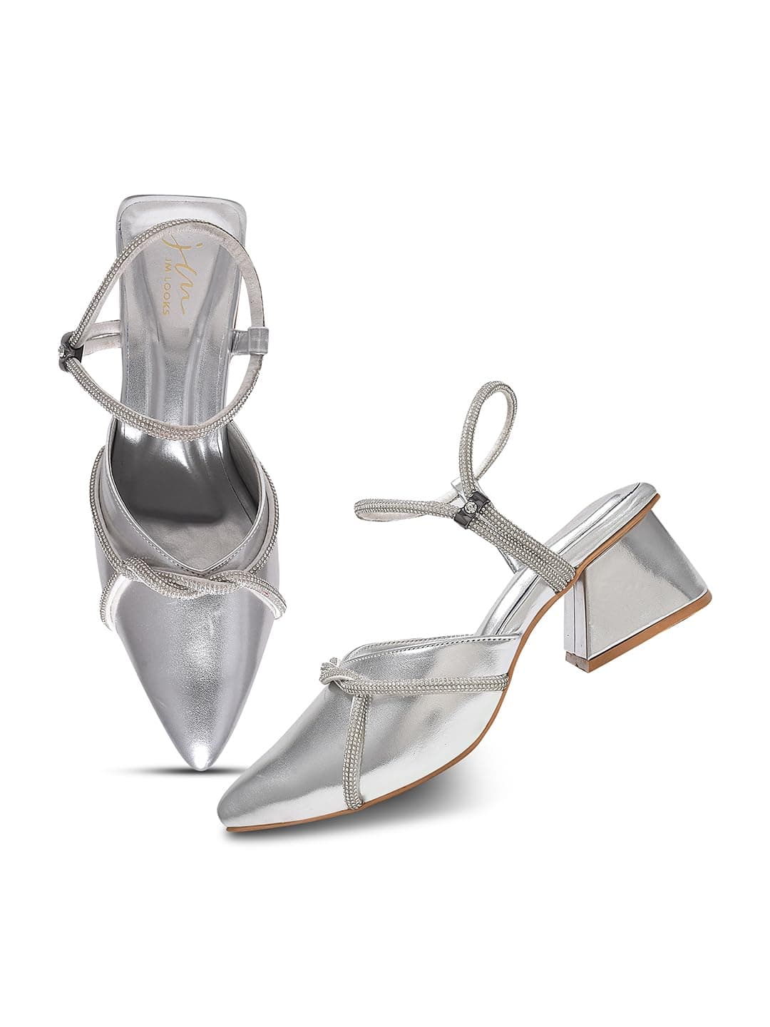 JM LOOKS Women's Block Heel Sandals with Sparkling Rhinestone Detailing – Stylish Pointed Toe Heels for Special Occasions