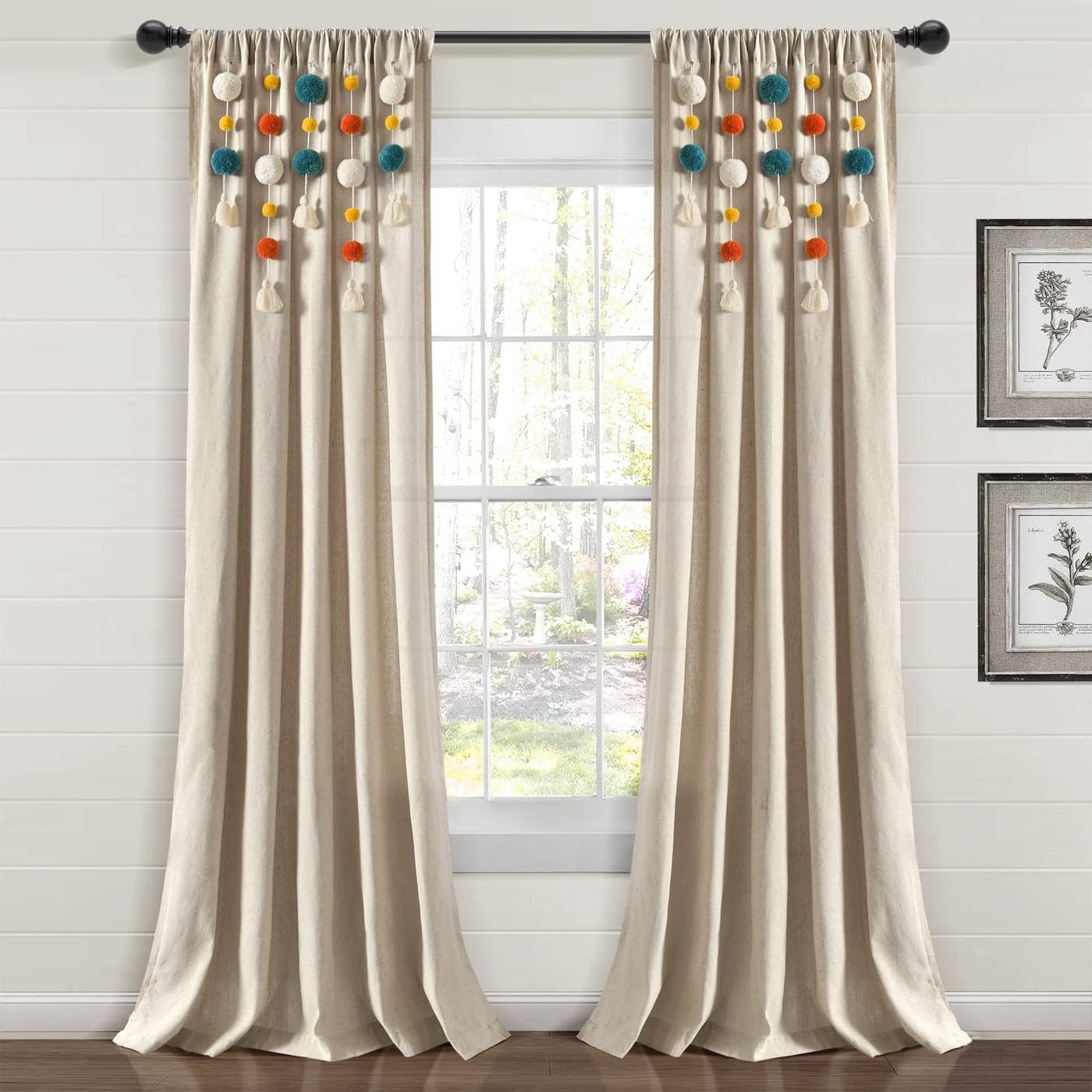 Lush Decor Boho Pom Pom Tassel Linen Window Curtain Panel Single Panel 95 L x 52 W Turquoise Orange