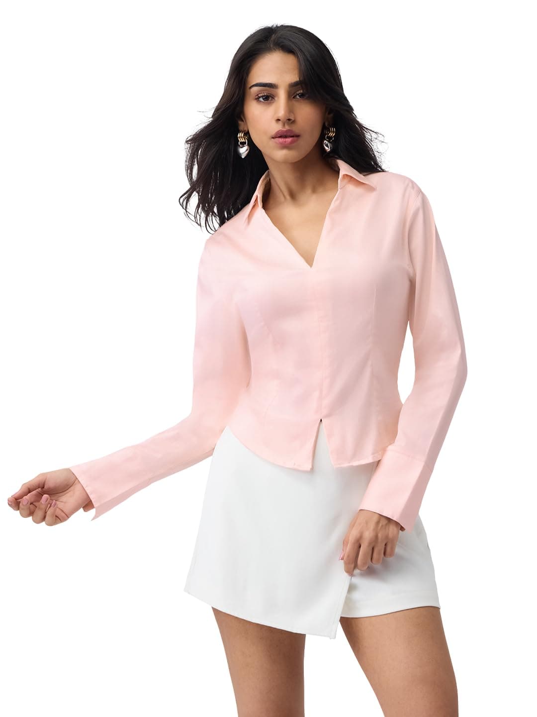 The Souled Store Rosebud Fitted Shirt: Women and Girls Full Sleeves V-Neck Light Pink Solid Cotton Blend Slim Fit Lightweight Summer-Ready Casual and Business Wear Fitted Shirt