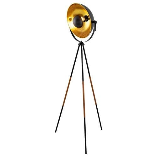 Kira Home Sulis 58" Modern Tripod Floor Lamp with Gold Foil Satellite Shade, Mid-Century Industrial Cinema Light with 9W LED Bulb and Leather Accents Legs, Black Finish
