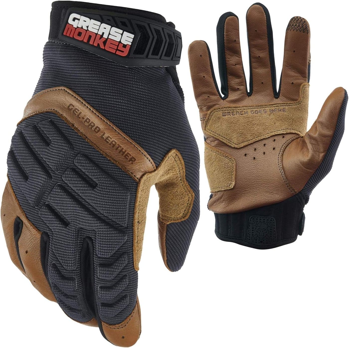 GREASE MONKEY Gel-PRO Leather Hybrid Mechanic Gloves with Gel Impact Protection & Touchscreen Capability, Medium, Brown