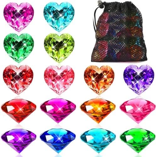 MARFOREVER Big Pool Toys Dive Gems 16Pcs Lagre Pool Gems Acrylic Diamond Diving Jewels Pirate Treasure Chest Gemstones for Beach Underwater Throw Game Toys Swimming Training Summer Party Favors