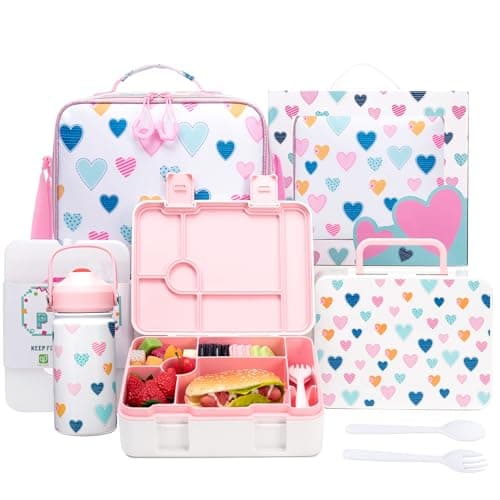 Kids Bento Lunch Box with 6 Compartments Girls Lunch Box with Lunch Bag,Stainless Steel Water Bottle,Ice Pack & Utensils Set,Birthday Gifts for Ages 3-12 Back to School Toddler Girls