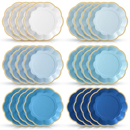 Tiangrid 72 Pcs Blue Paper Plates 9 Inch Gradient Blue Scalloped Paper Disposable Dinner Dessert Plates for Birthday Wedding Bridal Party Supplies, 6 Colors