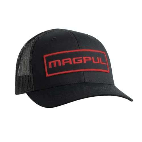 Magpul Standard Trucker Hat Snap Back Baseball Cap, One Size Fits Most, Wordmark Patch Black/Red