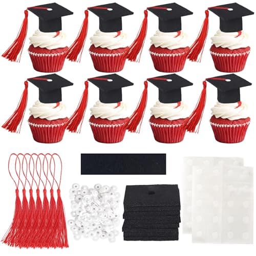 Rsstarxi 24 Pack 3D 2024 Graduation Cap Cupcake Toppers DIY 2024 Grad Cap Cake Toppers with Red Tassle 2024 Congrats Grad Cupcake Picks for Graduation Theme Party Decorations Red