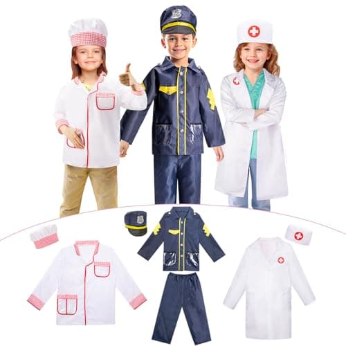 LOYO Kids Role Play Dress Up Clothes for 3-8 Years Old Play, 3 Sets Policeman/Chef/Doctor Costume for Kids And Toddlers Boys and Girls Halloween Costumes