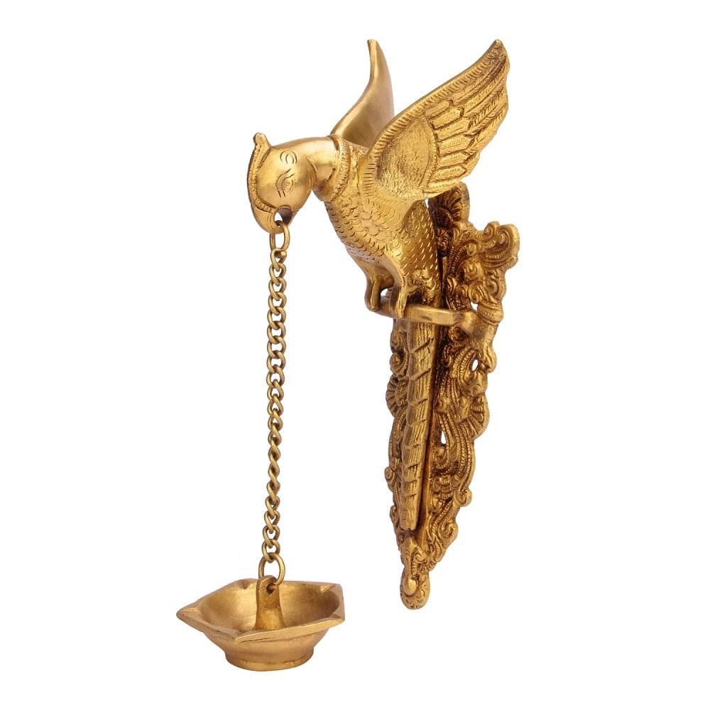 Kartique Brass Parrot Design Hanging Diya with Chain Yellow_39 Inch X 43 Inch X 94 Inch