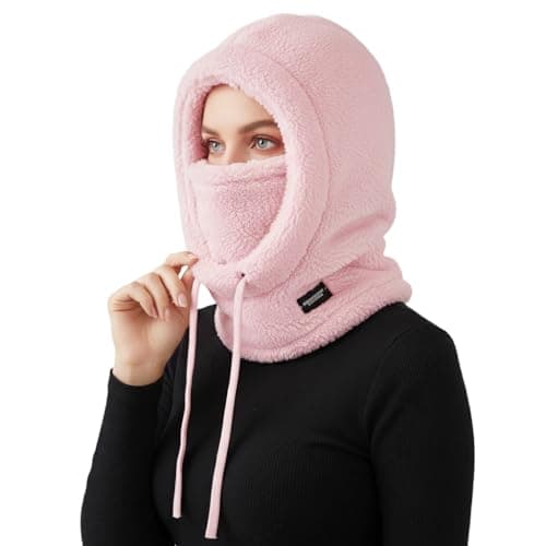 SANNIDHI® Winter Full Face Mask for Women, Hood Balaclava Hat Hoodie Winter Cap for Women Winter Windproof Thermal Soft Plush with Drawstring Design for Outdoor Skiing Biking Cycling Pink