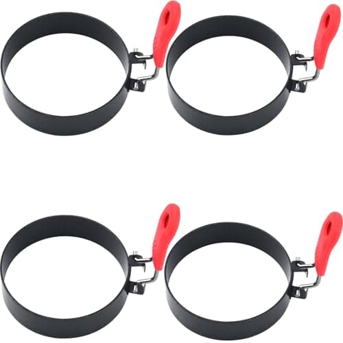 suyncyi 3.5" Egg Rings Set of 4 with Silicone Handle, Round Mold for English Muffins,Pancake Mold for Indoor Camping Breakfast Sandwiches Egg Mcmuffins (4)