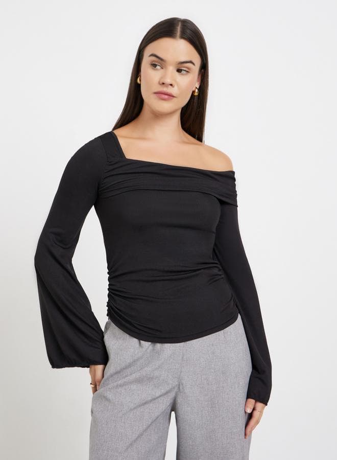 Black Asymmetric Neck Knit Top