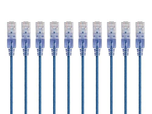 Monoprice Cat6A Ethernet Patch Cable - Snagless RJ45, 550Mhz, 10G, UTP, Pure Bare Copper Wire, 30AWG, 10-Pack, 3 Feet, Blue - SlimRun Series