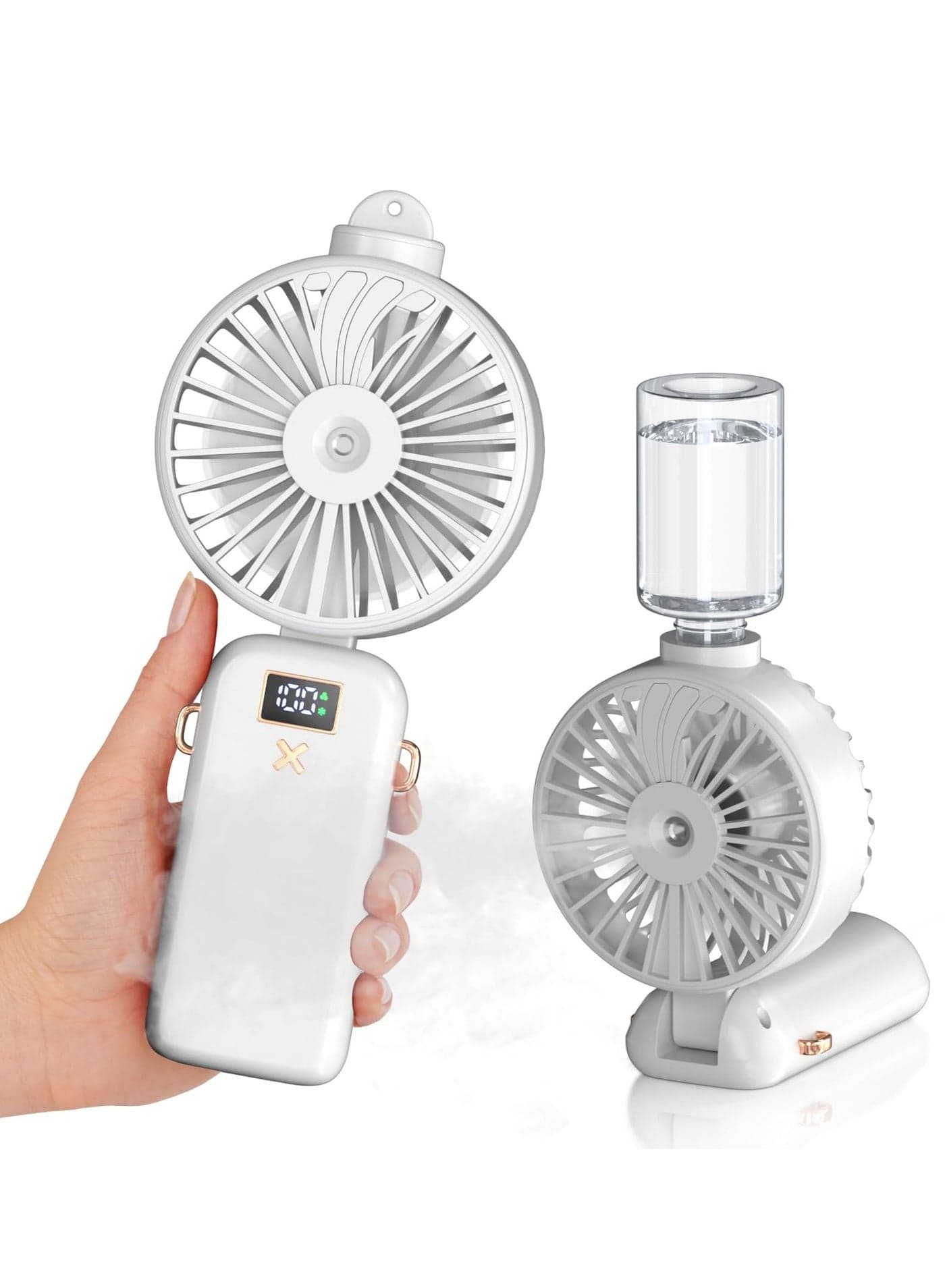 Portable Handheld Misting Fan with 5000mAh Battery, USB Rechargeable, 5 Speed Settings, Foldable Design for Home and Travel, White Color