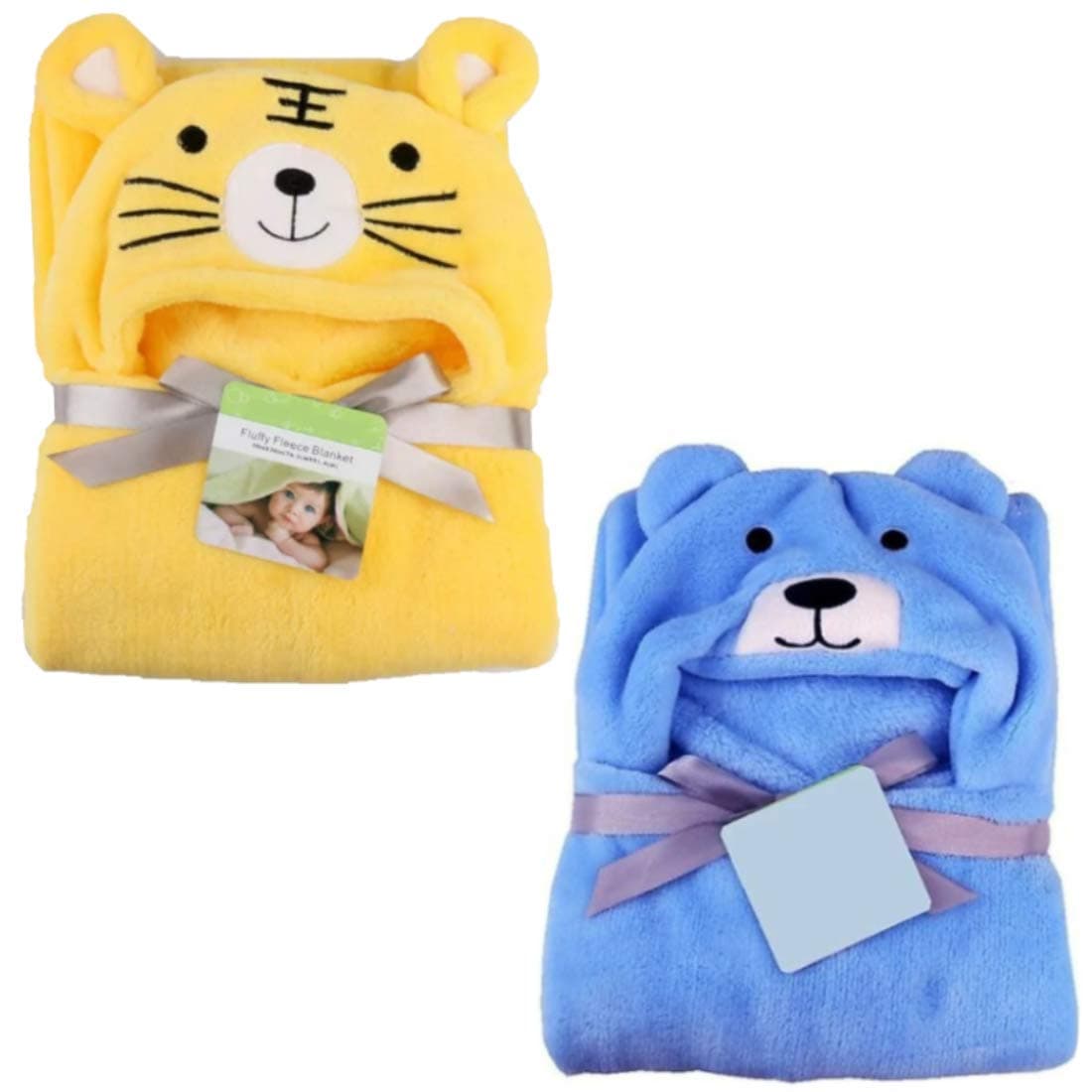 BRANDONN New Born baby Blanket Combo Pack of Hooded Funny Cap Baby Wrapper Cum Baby Bath Towel Cum Baby Blankets (Blue Dog, Yellow Sweet Tiger) Pack of 2