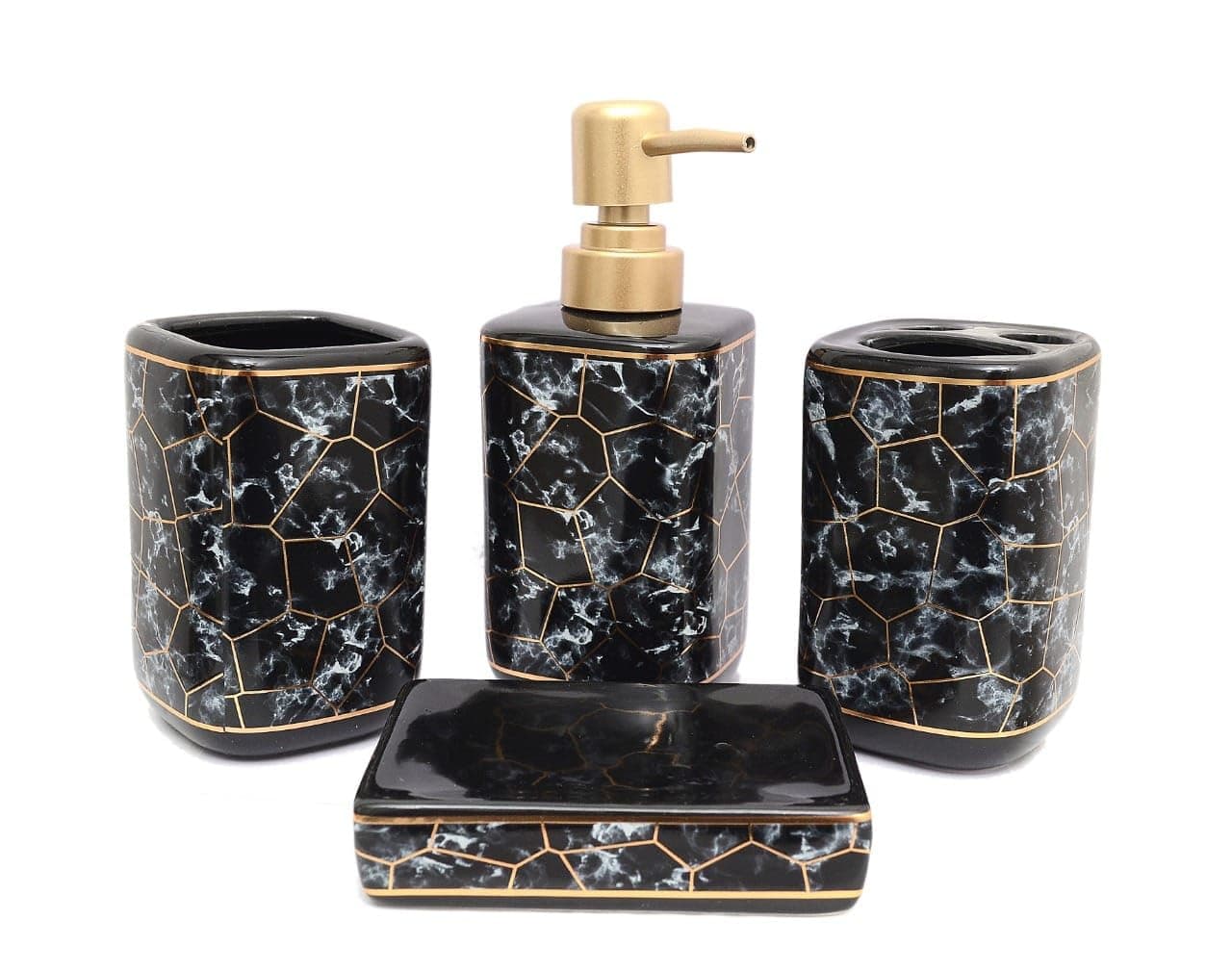 Skywalk Ceramic Bathroom Set of 4 Pcs - Soap Dispenser, Beaker/Tumbler, Soap Dish, Brush Holder for Bathroom Décor and Home Gift Set