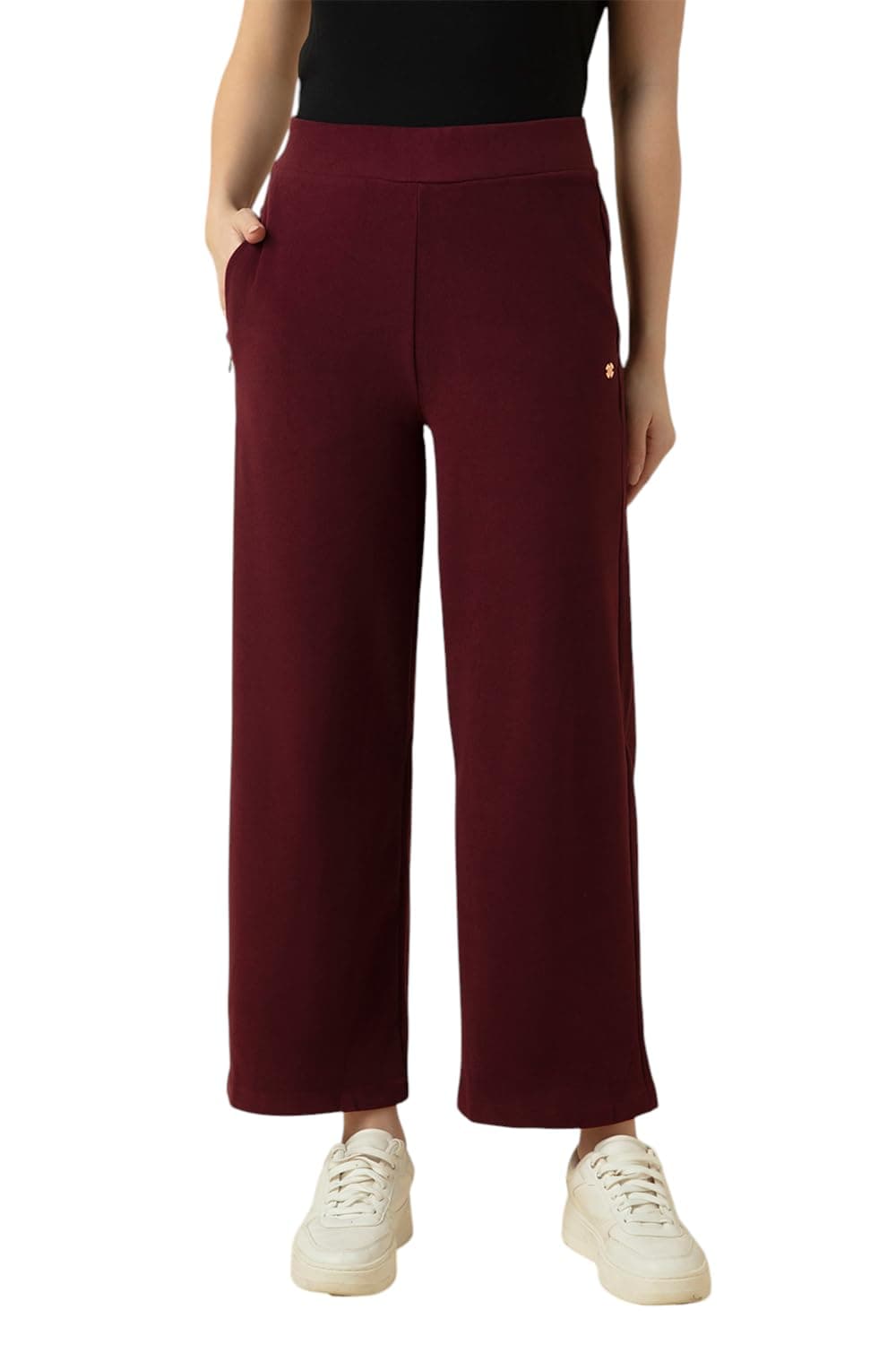 Van Heusen Athleisure Solid Women Wide Leg Pant - Zipper Pocket,High Waist,Comfort Stretch Wine
