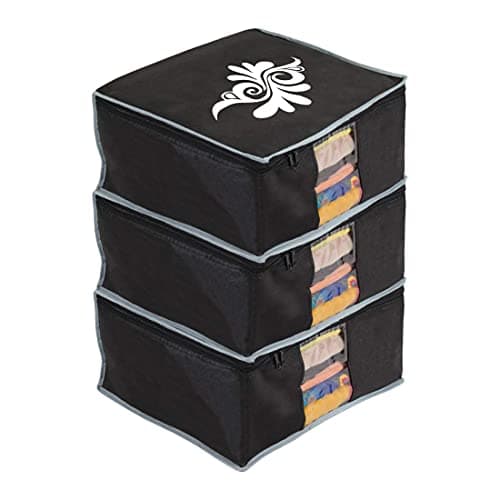 PrettyKrafts Large Saree Cover With Creative Prints, Wardrobe Organiser, Clothes Cover & Storage, Zip Closure and Transparent Window | Clothes Storage Bag | Set of 3, Black | Size: 40 x 35 x 20 cm