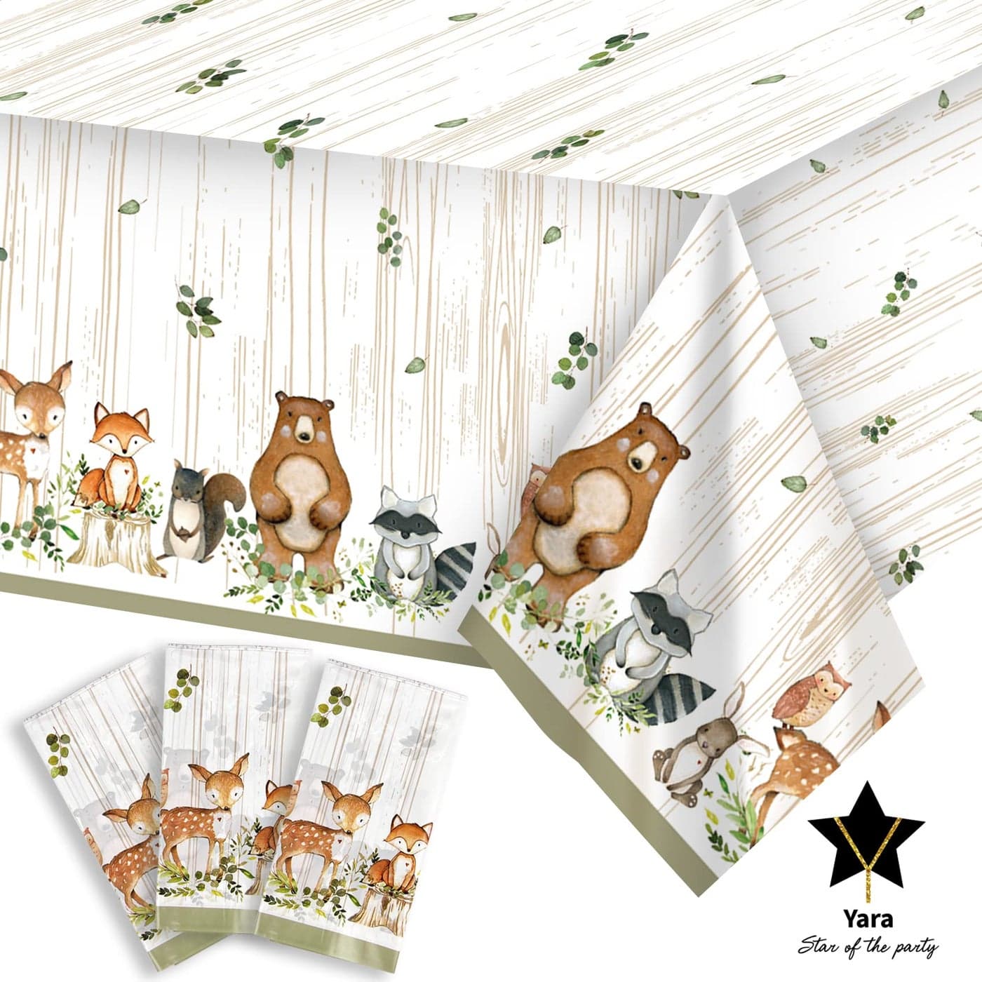 YARA Woodland Plastic Tablecloth For Baby Shower Decorations Birthday Girl Boy Safari Enchanted Forest Animals Decor Neutral Gender Table Decoration Bear Fox Party Supplies Jungle Theme Creatures