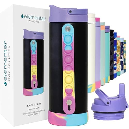 Elemental Iconic Kids Water Bottle for School - 100% Leak-Proof Insulated Water Bottles with Straw Lid & Pop-It Handle for Boys & Girls - Triple-Wall Insulated & BPA-Free, 14oz – Black Tie Dye
