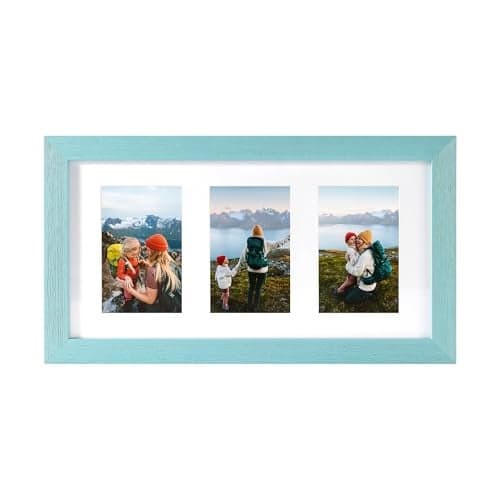 Rustic Solid Wood Collage Photo Frame 8x16 – Display Three (3) 4x6 Pictures with Mat, Horizontal or Vertical for Wall Tabletop - Blue