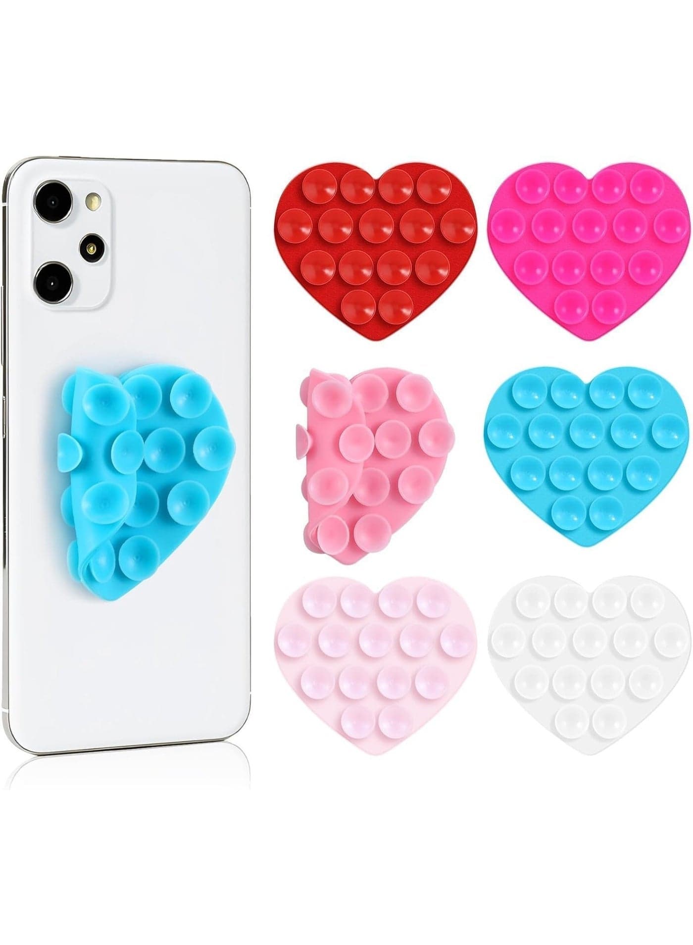 6 Pcs Heart Silicone Suction Phone Mount, Double-Sided Sticky Grip Phone Holder, Hands-Free Phone Stand for Mirror, Glass, Shower, Selfies, Videos