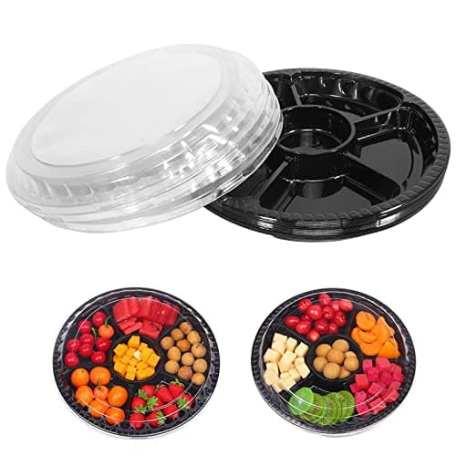 mwellewm 10 Pcs Round Plastic Appetizer Tray with Lid Divided Serving Tray, Disposable Food Storage Containers, Plastic Tray Storage, Kids Snack, Fruit Platter Vegetable Trays for Party and Buffet