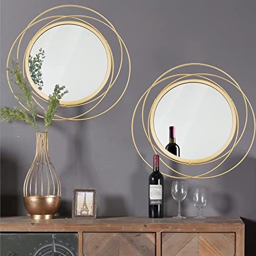 Cityelf 2 Set Circle Mirrors for Wall Decor for Living Room Bedroom Bathroom Entryway Metal Round Mirror Decorative Hanging Mirrors Sun Bohemian Geometric Accent Sculpture -Gold 15.7 in