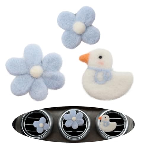 ORIESSE Cute Car Accessories,Duck Flower Air Vent Clips,Handmade Wool Felt Aroma Diffuser,Refillable Girly Car Air Freshener,3pcs White Blue Car Decor