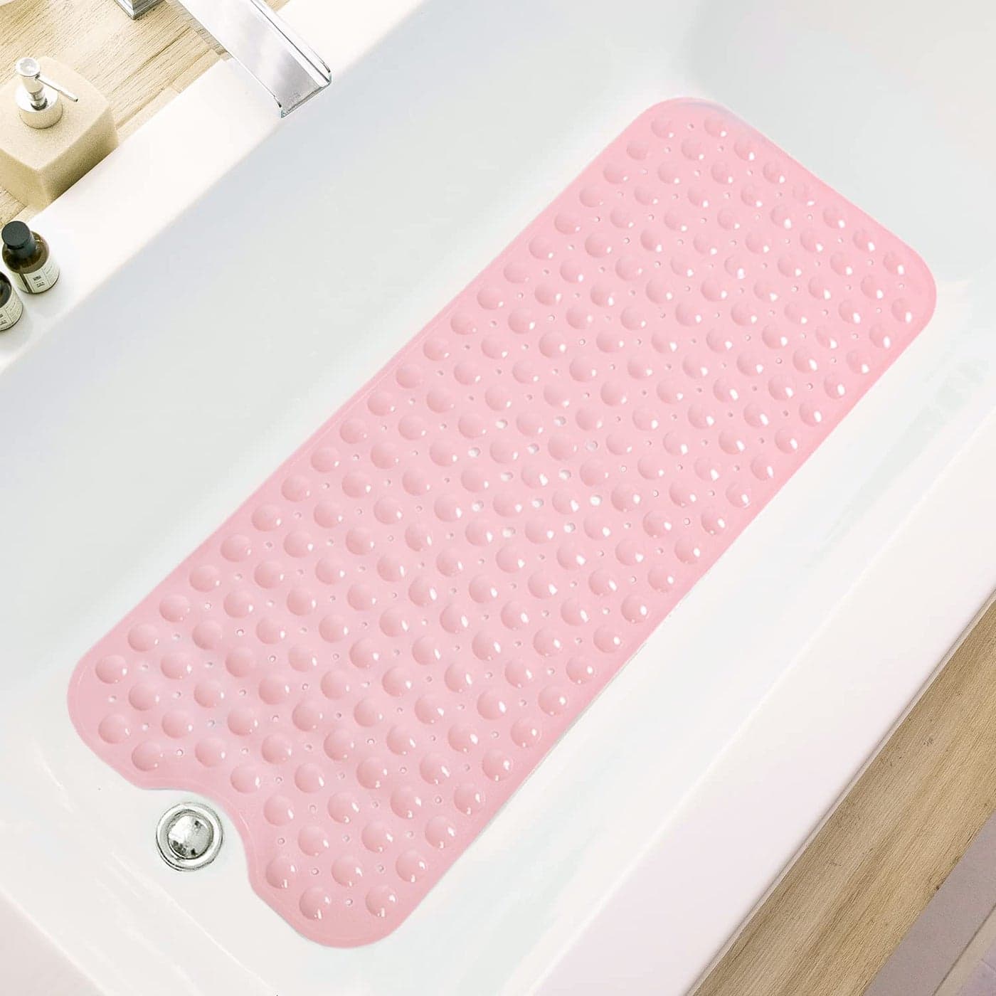 TEESHLY Bath Tub and Shower Mats NonSlip 39 x 16 Inch Extra Long Bathtub Mat Machine Washable BathMat with Drain Holes Suction Cups for Bathroom Opaque Pink