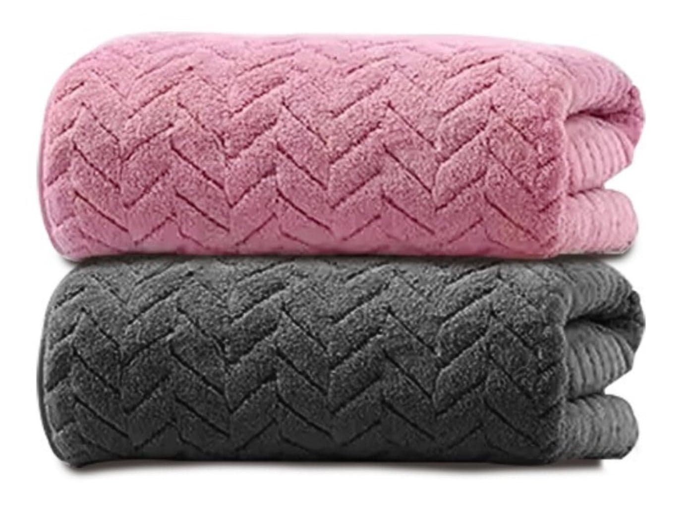 MAXOSHINE Microfiber Towels for Bath Large Size-Super Soft Coral Fleece Bathing Towel with Hook Quick Dry Super Absorbent-Bath Towel for Men and Women-70x140 cm 350 GSM (Grey/Pink, Pack of 2)