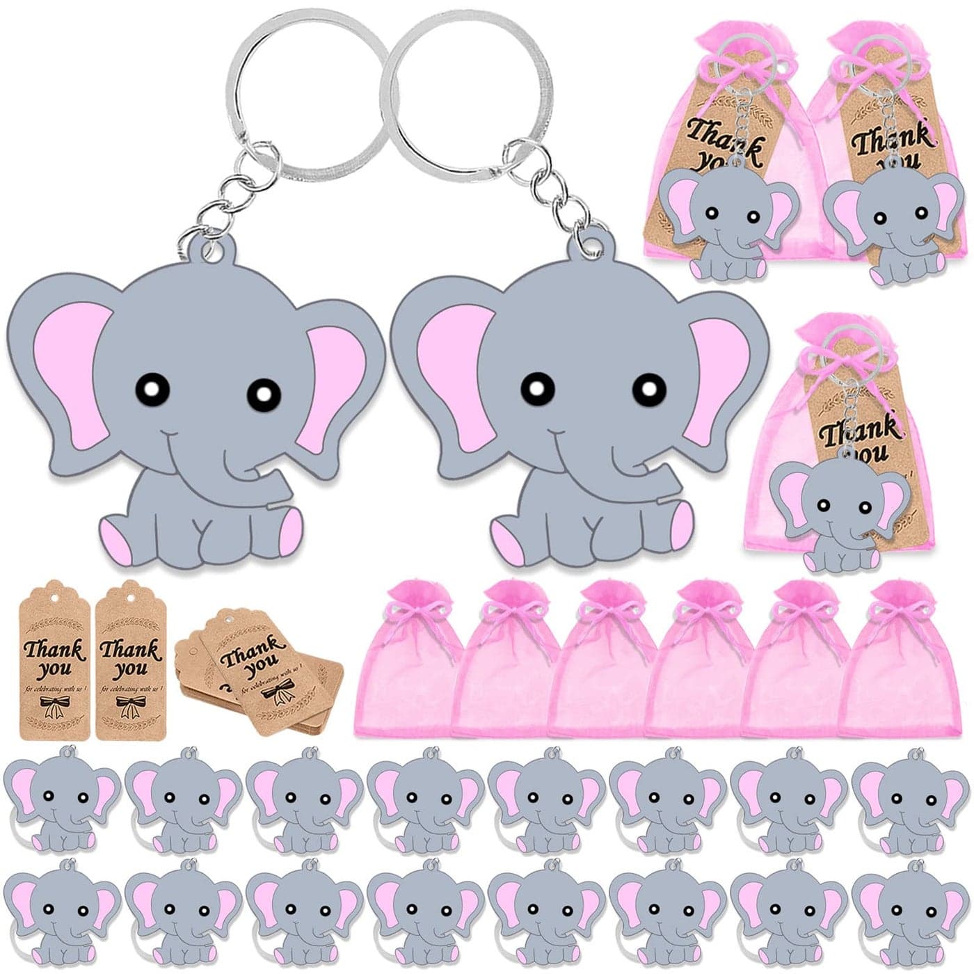 CiciBear 72 Pack Pink Elephant Party Favors with Keychains Tags Gift Bags for Baby Shower Kids Birthday School Carnival
