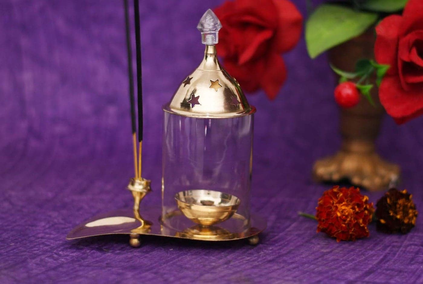 AC ANAND CRAFTS German Silver Diya Oil Lamp with Agarbatti Stand 28X21 cm Golden