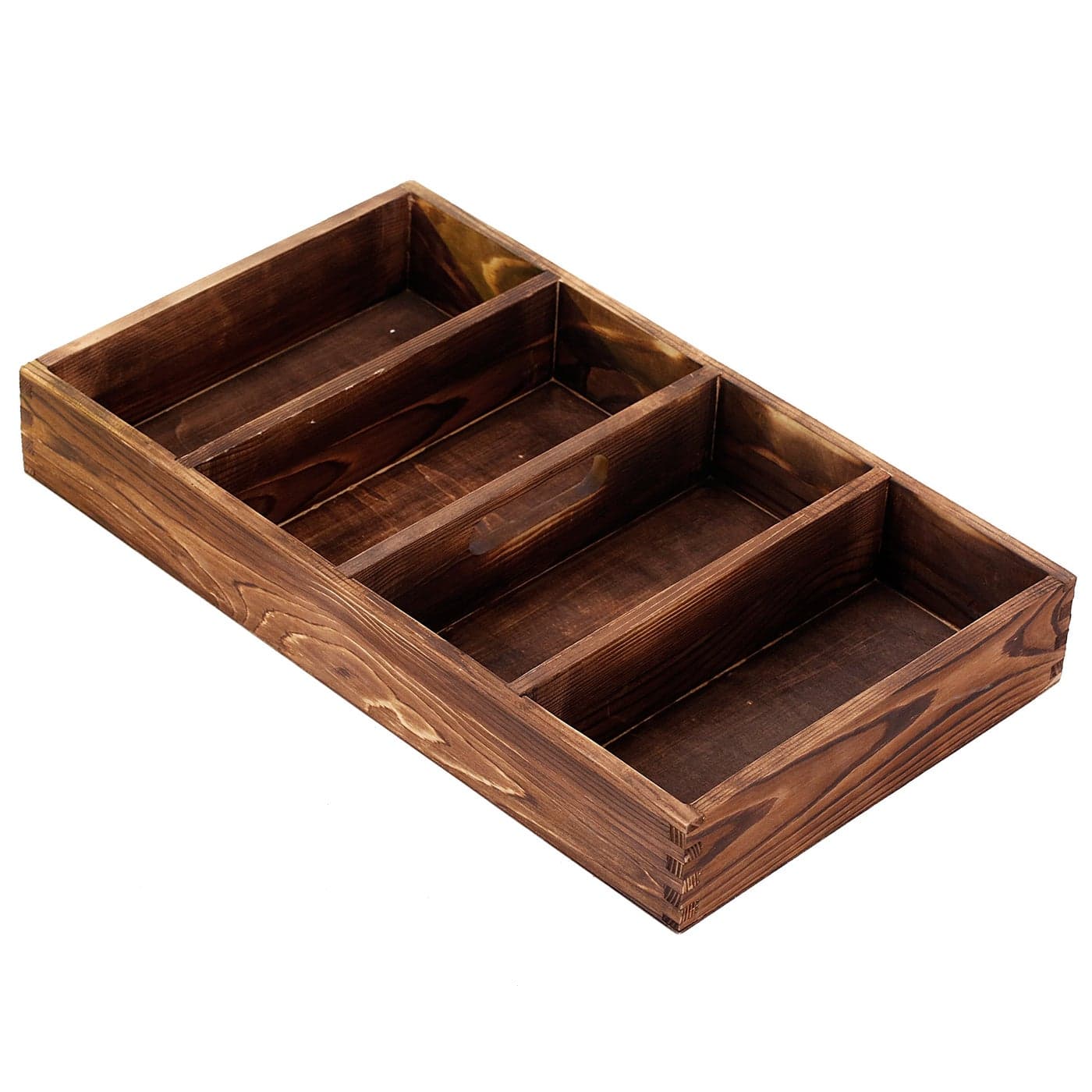 MyGift Burnt Wood Drawer Organizer Tray with 4 Slots Multipurpose Utensil Cutlery Tools Wooden Bin