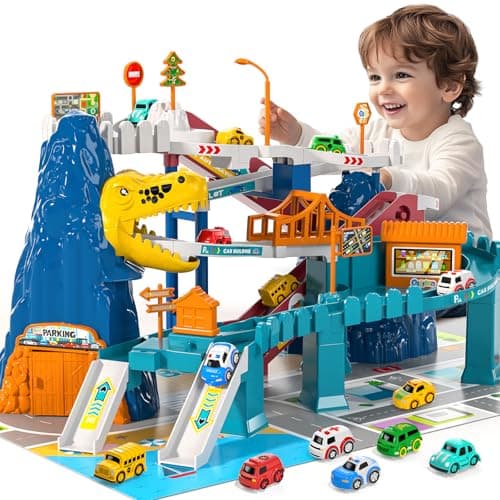 MSKOLER Dinosaur Race Car Tracks for Toddlers 24 Years Dinosaur Climbing Hills Railcar Toy Car Track Play Set with 7 Small Race Cars Preschool Birthday Gifts for 3 4 5 6 7 8 Year Old Boys Girls