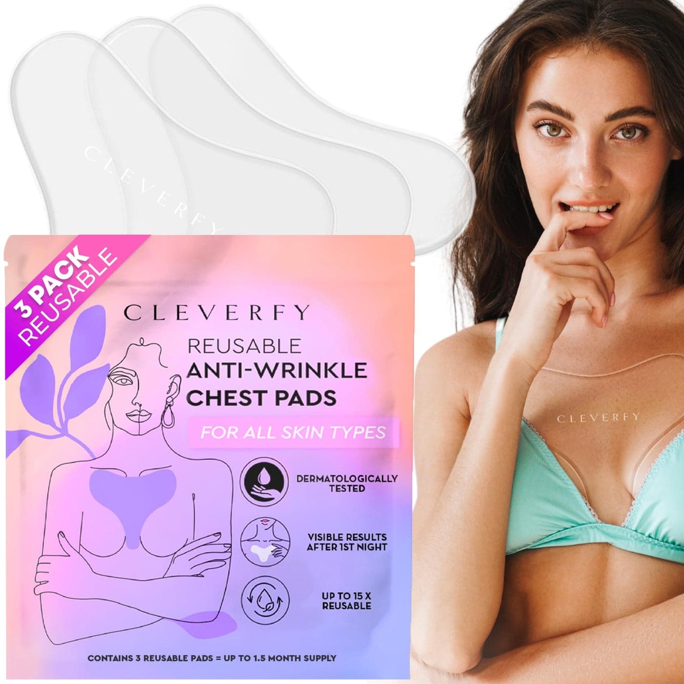 Cleverfy Silicone Chest Wrinkle Pads for Dcollet 3Pack of TShape Reusable AntiWrinkle Patches