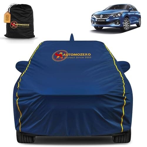 AUTOMOZEXO® Maruti Baleno 100% Waterproof Car Cover (Midnight Blue) 6LYR HDPE 200gsm Strong Fabric for All Weather Protection, Mirror & Antenna Pocket, Cotton Layer Cover, Adjustable Elastic Straps