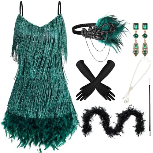Floraltop 7 Pcs 1920s Flapper Accessories for Women Feather Boa V Neck Dress Earrings Headwear Gloves Necklace(L,Peacock Green)